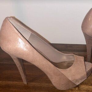 BCBG Peep Toe Tan Suede Heels